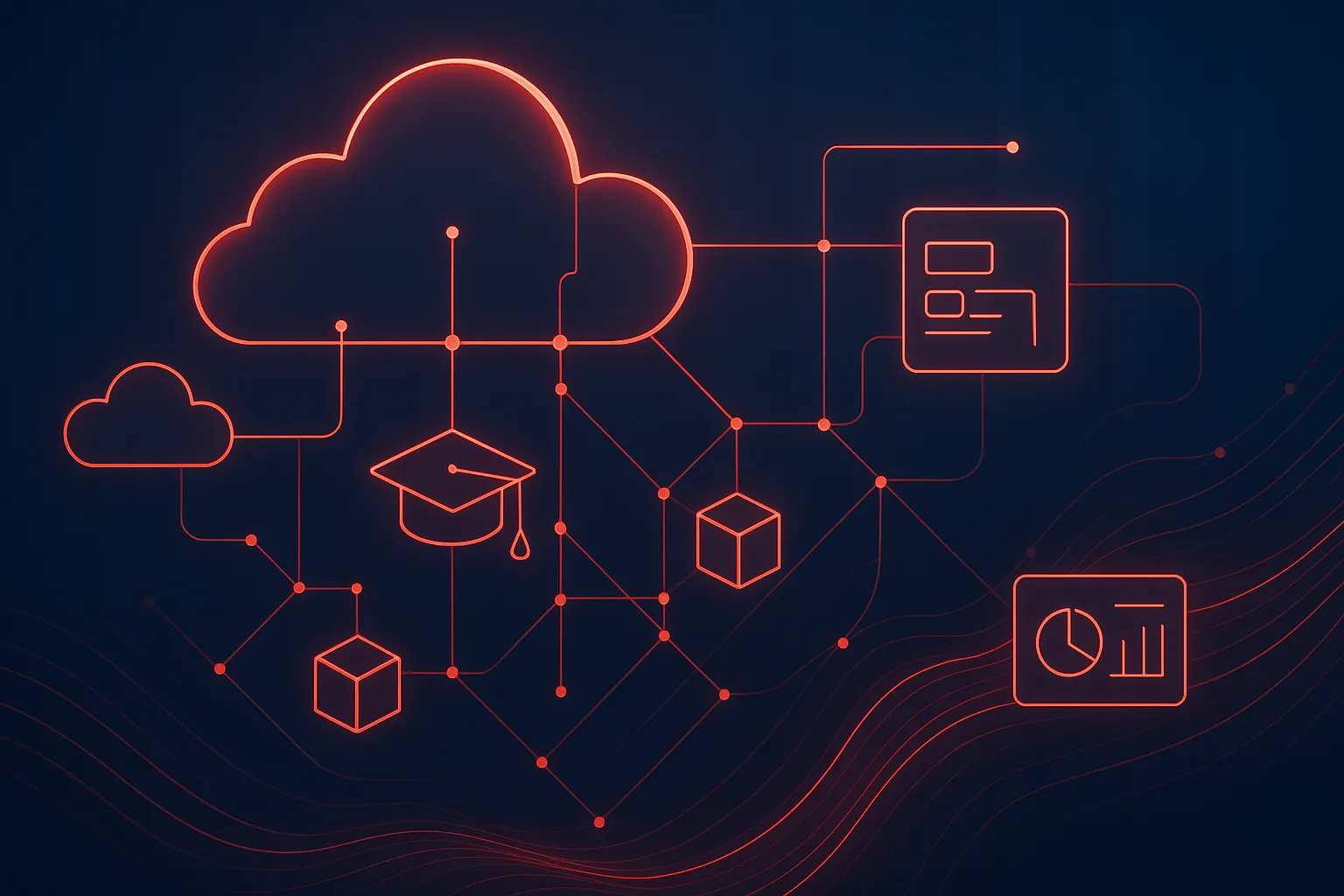 Abstrakte Visualisierung des cloudbasierten Lernmanagementsystems Lernen@DB der Deutschen Bahn, mit vernetzten Microservices in der charakteristischen DB-Rot-Farbe vor blauem Hintergrund, fließenden Datenströmen und modularen Komponenten, die die unternehmensweite Lernarchitektur darstellen.