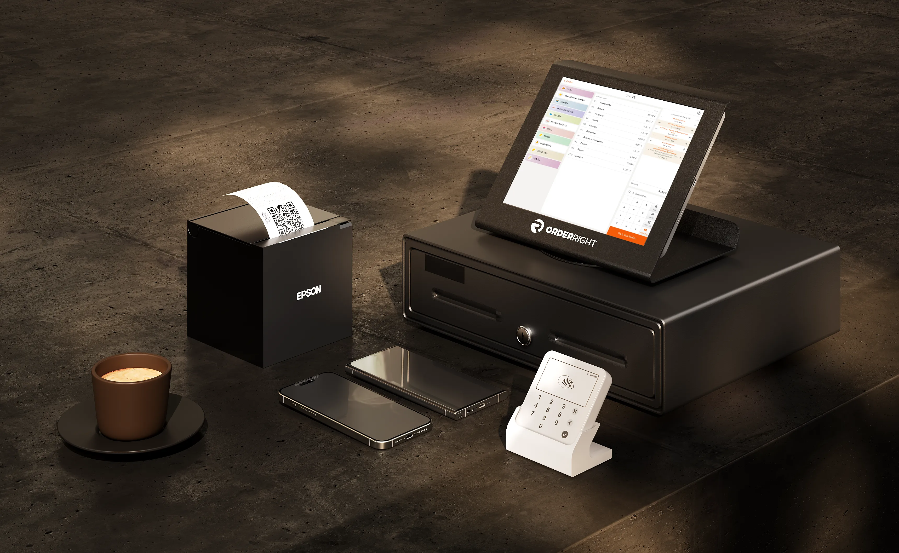 OrderRight POS System mit Tablet-Display, Bondrucker, Kassenschublade und Zahlungsterminal